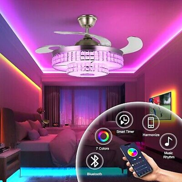 42”Crystal Chandelier Music Speaker 7 Color Light Remote Retractable Ceiling Fan