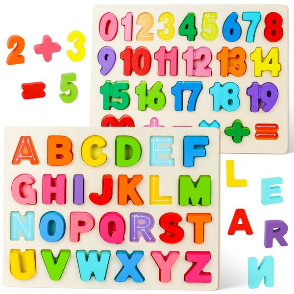 AMOR PRESENT 2PCS Wooden Puzzles for Kids, Alphabet Number Shape Puzzles Preschool Educational Toys Montessori Toddler Puzzles for Boys Girls