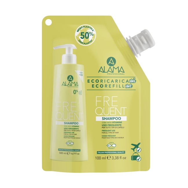 Alama Professional Eco-Refill Frequent Reinigungsshampoo für alle Haartypen, Formel mit Vitaminen für gesunde, vitale und strahlende Haare, 90% natürliche Inhaltsstoffe, vegan, 100 ml