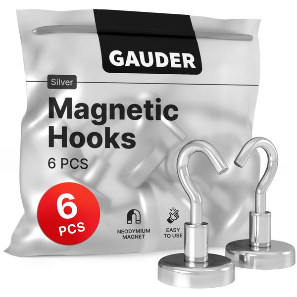 GAUDER Strong Magnetic Hooks | Neodymium Hooks for Fridges and Whiteboards | Silver Magnets for Hanging