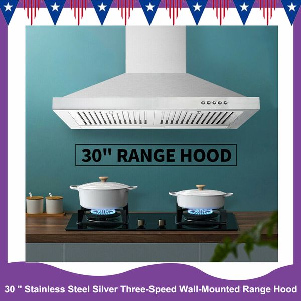 30 '' Stainless Steel Silver Three-Speed Wall-Mounted Range Hood Button Controls