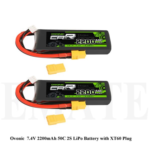 2X Ovonic 7.4V 50C 2200mAh 2S Lipo Battery XT60 Plug For 1/16 TRX RC Car Truck