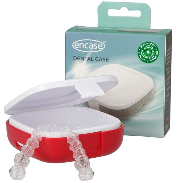 Encase Dental Retainer Case with Dental Bath – Dual Purpose Hygienic Denture Case for Storage and Immersion of Mouthguards, Ortho Retainers + Dental Appliances (Red)