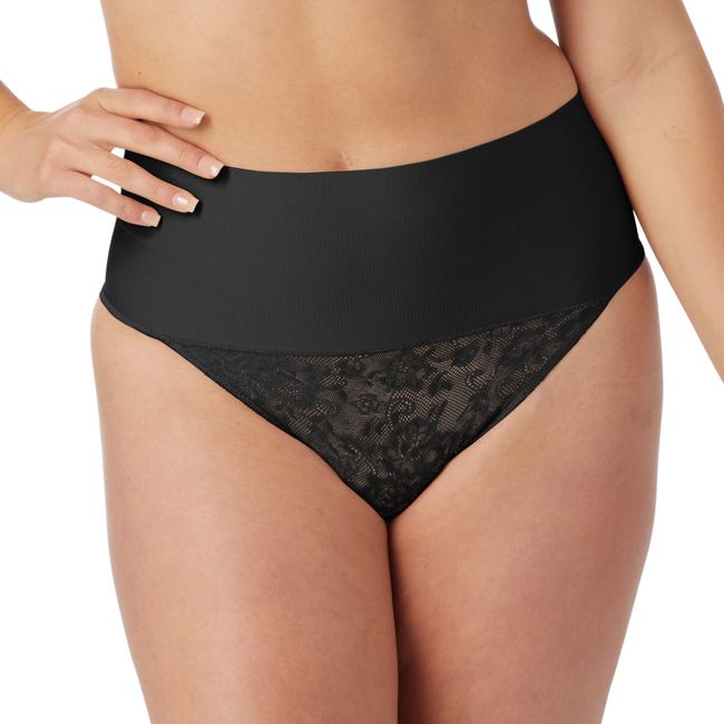 Maidenform womens Tame Your Tummy Shaping Lace Thong With Cool Comfort Dm0049 Waist Shapewear, Black Lace, Medium US