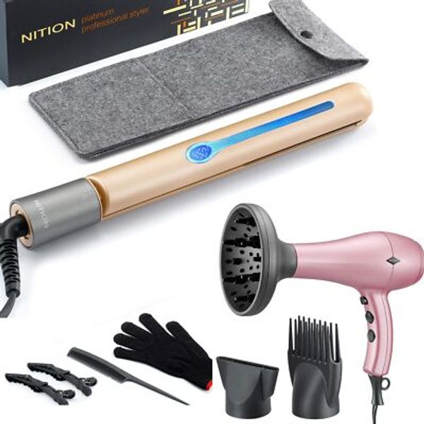 NITION Professional Salon Hair Straightener Flat Iron and Hair Dryer with 3 A...