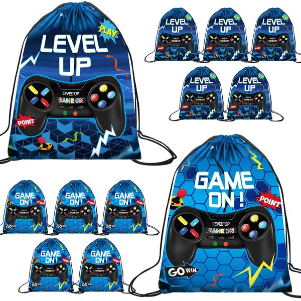 Eccliy 20 Pcs Video Game Party Drawstring Bags 12 x 10 Inch Gaming Party Gift Bag Birthday Party Supplies for Boys Adult(Blue,Fresh Style)