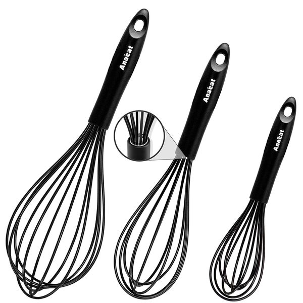 Anaeat Silicone Balloon Whisk, Perfect for Non-Stick Cookware, Milk and Egg Beater Blender, Heat Resistant Kitchen Whisks for Whisking, Cooking, Baking, Beating, Frothing & Stirring (Black)