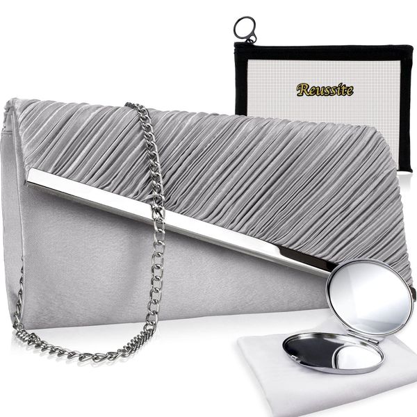 Reussite Pore claire Party Bag, Large 3-Way Pleated Women's Clutch Bag, Shoulder Bag, For Receptions, Invitations, Silver