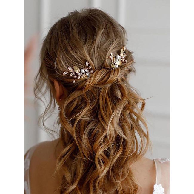 Vakkery Braut Blume Hochzeit Haarnadeln Gold Perle Haarspangen Kristall Braut Haarteil Haarschmuck für Frauen und Mädchen (3 Stück)