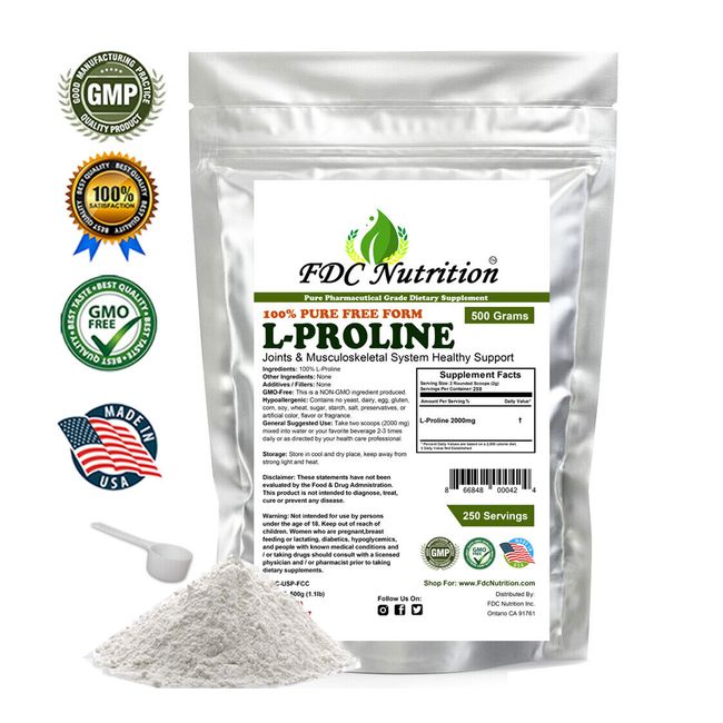 L-Proline Powder 17.63 OZ (1.1lb) USP Pharmaceutical By FDC Nutrition