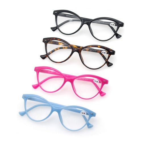 MODFANS Women Reading Glasses 1.5 4 Pack Fashion Colors Cat Eye Readers for Ladies Compact Spring Hinge Lightweight Frame Includes Pocket