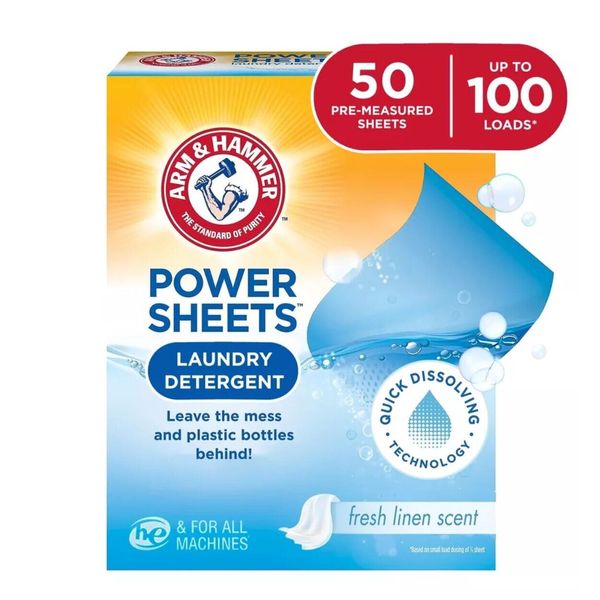 ARM & HAMMER Power Sheets Laundry Detergent Sheets, Fresh Linen, 50 Count