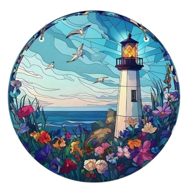 Fensterbild Wandbild romantischer Leuchtturm in der Brandung 20 cm Ø Maritim Deko GMUS K53