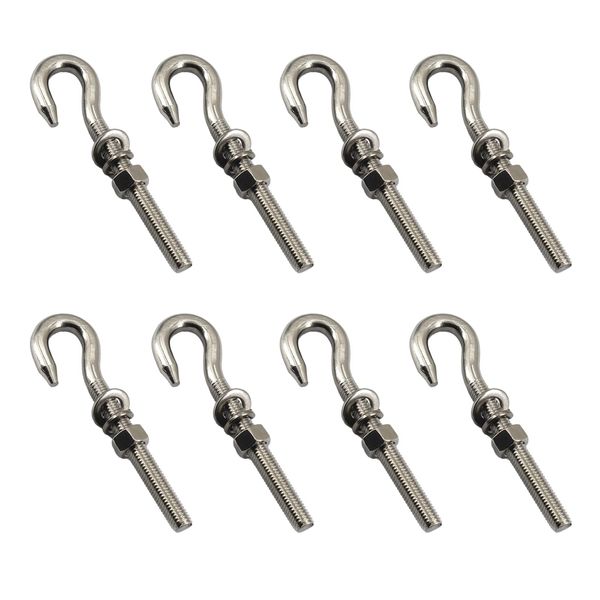 8Pcs M8 Stainless Steel Eye Bolt with Nut and Washers Long Shank Threaded Rod Round Hook Eyelet Bolt Screw