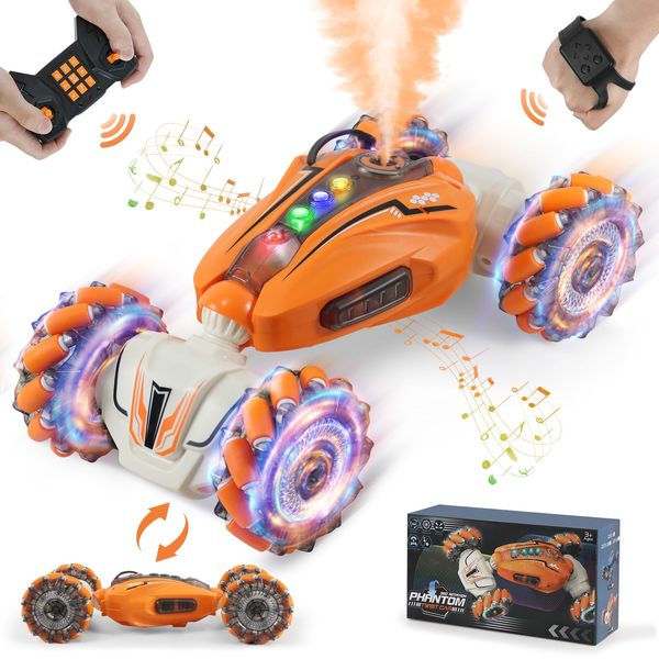 Gesture Sensing RC Car Hand Controlled Remote Control Car with Spray, 2.4Ghz All Terrain Remote Toy Car for Kids, Transformed Vehicle 360° Spins LED Present Car for 3-12yr Boys Girls Orange