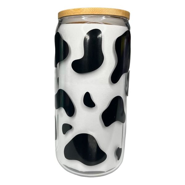 Cow Print Clear Glass Cup (16oz, Black)