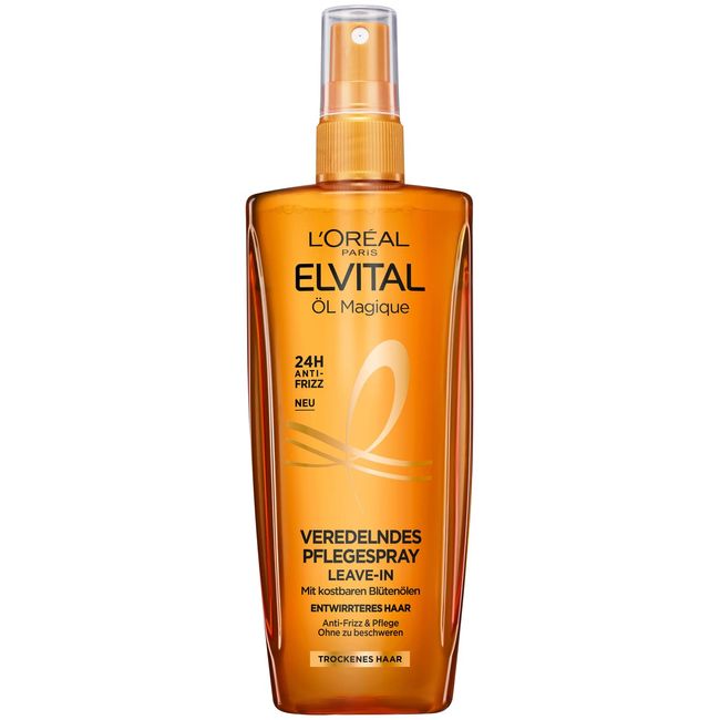 L'Oréal Paris Elvital Veredelndes Pflegespray, Leave in Haarpflege zum Entwirren, Feuchtigkeitsspendend, Anti Frizz Spray mit Blütenölen, Öl Magique, 1 x 200 ml