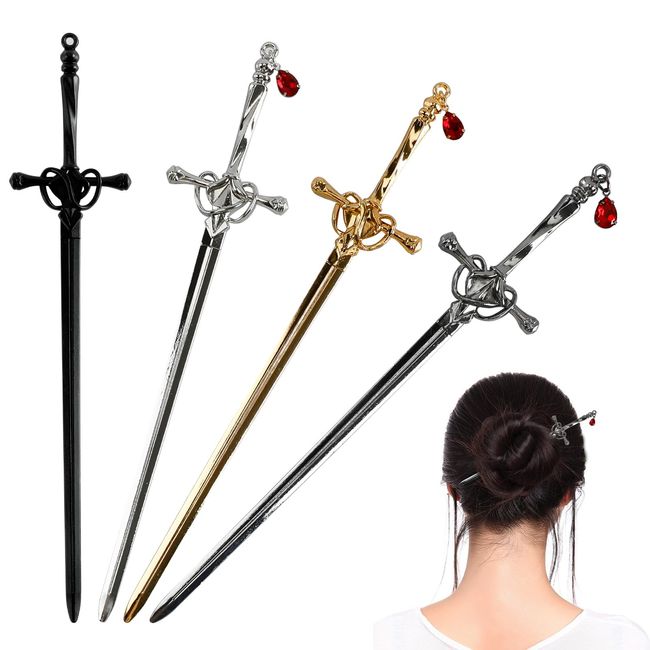 4Pcs Ancient Style Sword Hair Chopsticks Chinese Style Hair Sticks for Bun Hair Long Hair Classic Vintage Flower Hair Sticks Women Girl Gifts