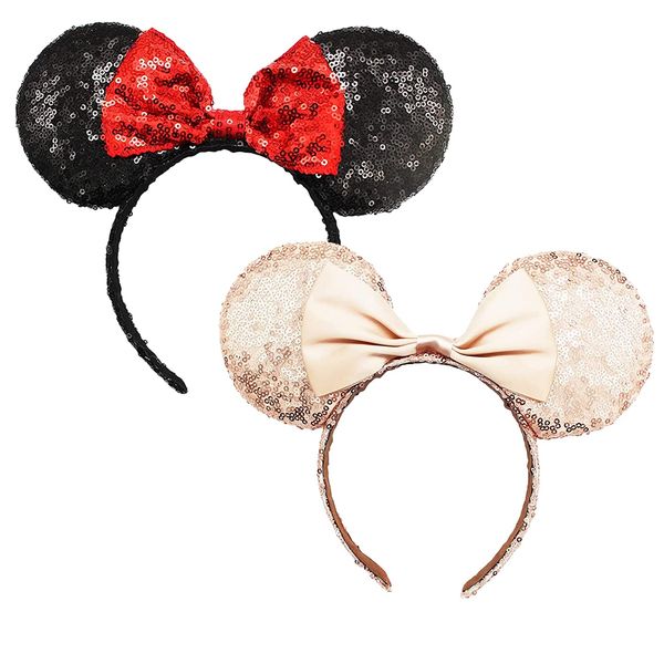 Yeelua Mouse Ears Headband, Sparkly Sequin Cute Bow Hair Bands for Girls Women, Cosplay Costume Top Bow Headwear, Lovely Hair Accessorie for Birthday Party Pake of 2 (Black and Champagne)