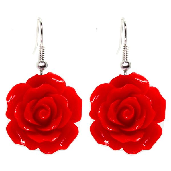 Bluebubble ENGLISH ROSE 22mm Ruby Red Carved Rose DANGLE Earrings on Gift Card