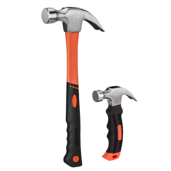 ZUZUAN 2 Piece Hammer Set,includes 1 Pack 8 OZ Mini Stubby Claw Hammer and 1 Pack 16 OZ Fiberglass General Purpose Claw Hammer,Soft Nonslip Handle & Heat Treated Head,Heavier for Higher Hardness