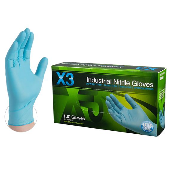 X3 Industrial Blue Nitrile Gloves, Box of 100, 3 Mil, Size XX-Large, Latex Free, Powder Free, Textured, Disposable, Non-Sterile, Food Safe, X349100BX