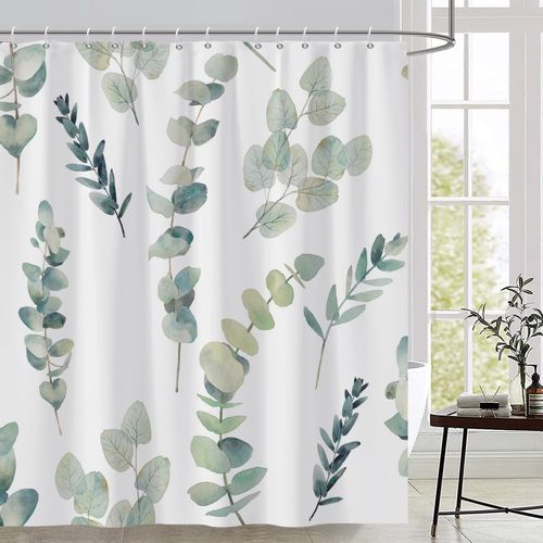 AWERT Shower Curtain Green Plants for Bathroom Waterproof Quick-Drying Eucalyptus Leaves Shower Curtain Set with Hooks 72x72 Inch