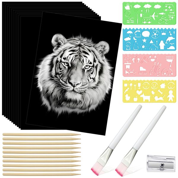 Noveread 150 Sheet Scratch Paper Art Set 8.5 x 11 Inch Black Coated Scratchboard Black Scratch Paper with Wooden Stylus and Stencils DIY Scratch Painting Art Paper for Adults