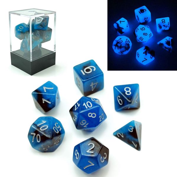 Bescon Two-Tone Glow-in-the-Dark Polyhedral Dice Set BLUE DAWN, Luminous RPG Dice Set d4 d6 d8 d10 d12 d20 d% in Brick Box(Blue Dawn)