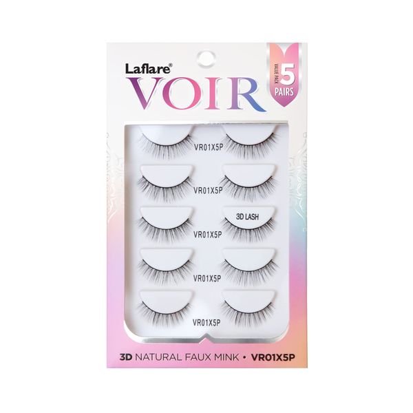 Laflare 3D NATURE FAUX MINK VOIR Eyelashes, Ultra Soft, Light, Wispy, Knitted, Natural Looking, Reusable, Professional Easy to Apply Eyelashes 5 Pairs Value Pack (VR01X5P)