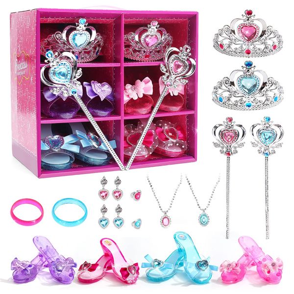 CUTE STONE Princess Dress Up Shoes and Jewelry Toys, Pretend Play Fashion Princess Accessories of Crowns, Necklaces, Bracelets, Rings, Beauty Chritsmas Gifts for 3,4,5,6 Years Old Little Girls