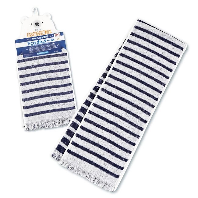 JGLife Cool Towel, 35.4 x 6.3 inches (90 x 16 cm), Cold Even If You Do Not Get Wet, Border, Navy (Cooling, Summer, Heatstroke Prevention, Cool, Fluffy, Made in Japan, Senshu Towel)