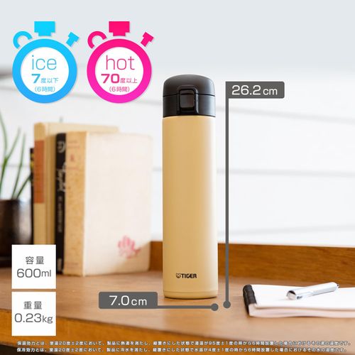 Tiger Water Bottle, 20.3 fl oz (600 ml), One-Touch, Lightweight, Stainless Steel Bottle, Vacuum Insulated, Hot or Cold Retention, Black MKA-K060KK