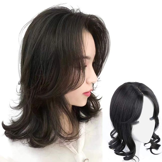 Middle Part Fringe Skin Base Topper 14" French Wavy Style Clip in Hairpiece for Women Forehead Thinning Hair Off Black