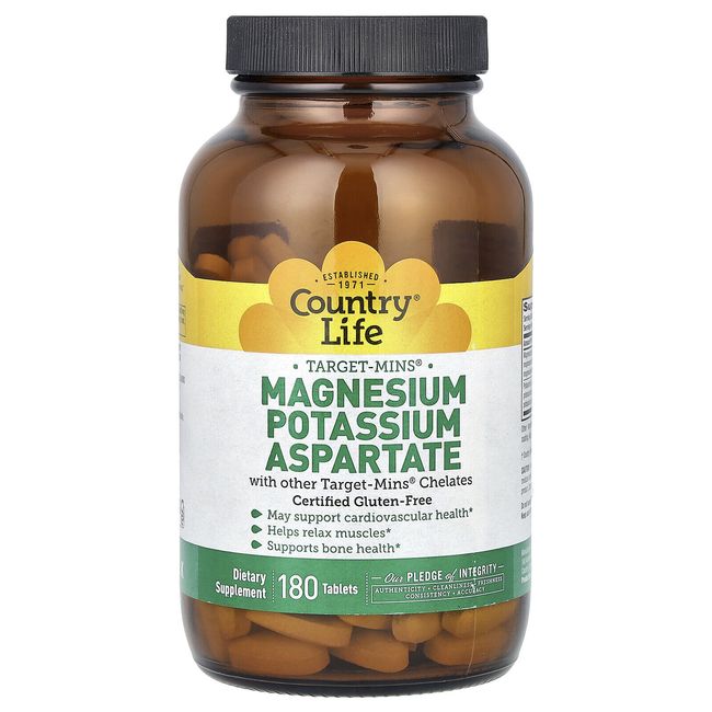 Country Life Magnesium Potassium Aspartate 180 Tablets Gluten-Free, GMP Quality