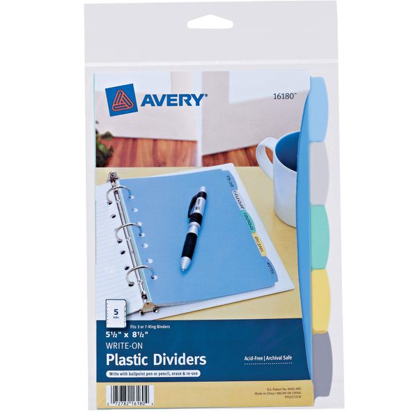 Avery Write & Erase Durable Plastic Mini Dividers for 3 Ring Binders and 7-Ring Binders, 5.5" x 8.5", 5-Tab Set, Multicolor, 1 Set (16180)