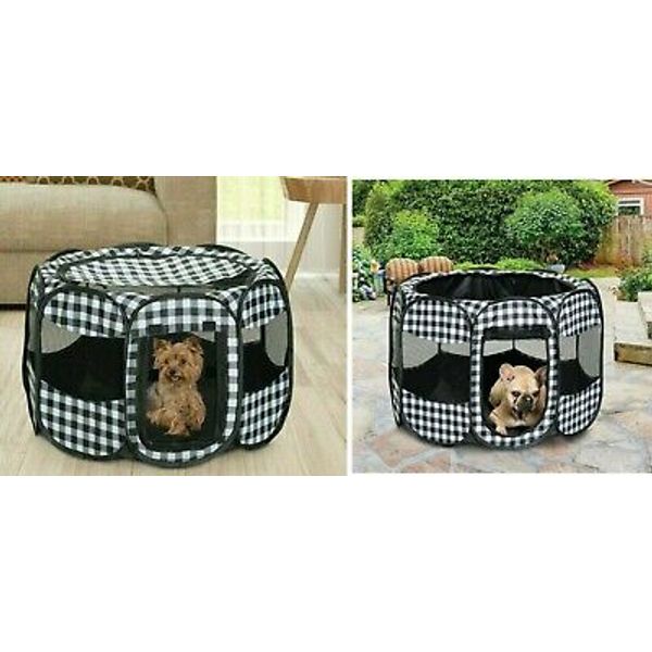 Pet play tent Portable playpen Pop Up Dog Cat SM Animal crate PLAID DESIGN Med