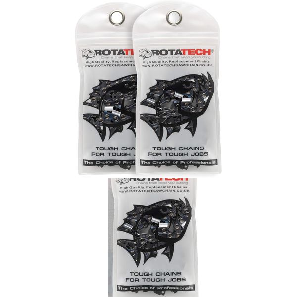 X3 (Three) 14" 35cm Rotatech Chainsaw Chains. 52 Drive Links, 3/8" LP Pitch, 050" Gauge. Compatible with Ryobi, McCulloch, Makita, Macallister, Husqvarna, and Many Others