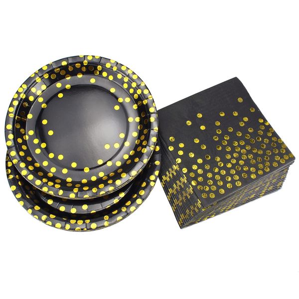 YanKMooM 40 Piece Paper Party Plates,20 Guests Disposable Black/White and Gold Tableware Set with Party Plates and Napkins for Party Birthday Wedding Anniversary Decorations (Black)