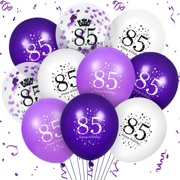 85th Purple Birthday Balloons Decorations, 16PCS Purple White Happy 85th Birthday Confetti Latex Balloons for Women Men 85th Birthday Party Wedding Anniversary Indoor Outdoor Party Supplies,12 Inch