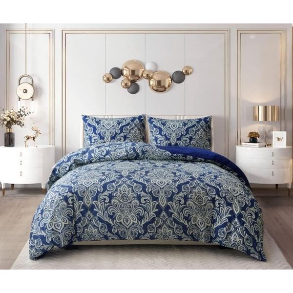 3 PCS Patchwork Bedspread Quilted Bed Throw Single Double King Size Bedding Set (Damask Blue, King)