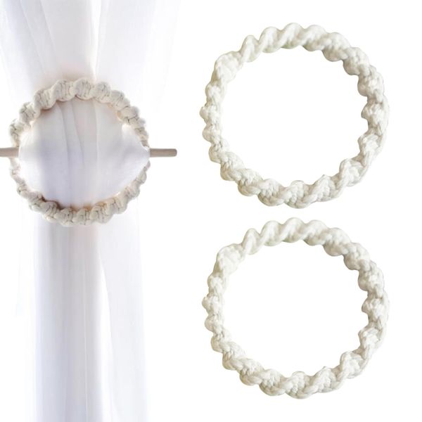 FloralGrace 2 Stück Vorhangseil Mit Holzstab Vorhang Raffhalter Seil Clip Curtain Rope Gardinenhalter Für Vorhänge Handgewebt Baumwolle Vorhanghalter (Beige)