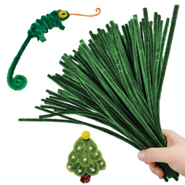 AHUIFT 100PCS Upgraded Pipe Cleaner Craft Thicker Chenille Stems DIY Art Supplies Bulk Bright Decorations for Kids and Adults Toddlers Moss Green