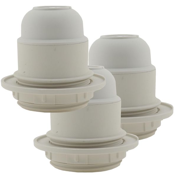 (3 Pack) Edison Screw (E27 / ES) Lampholder (Light Bulb Socket) in White Thermoset Plastic (Bakelite) with Shade Ring and 10mm Threaded Entry