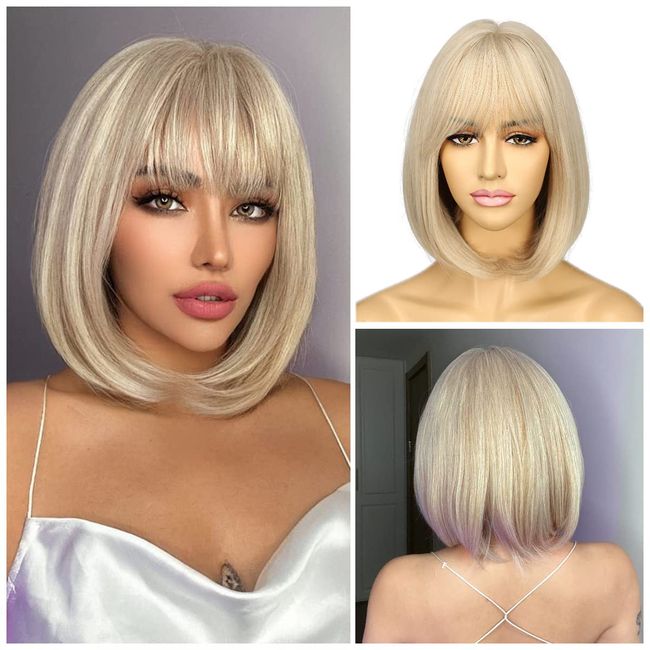 Sapphirewigs Blonde Perücke für Frauen Perücke mit Bangs Kurze Blonde Bob Perücke Tägliche Party Perücke Natürliche aussehende Perücke 12inch