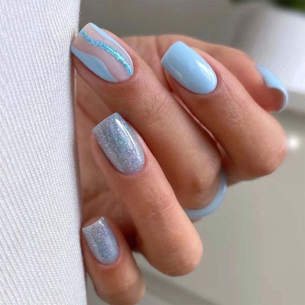 24pcs Square False Nails - Glitter Striped False Nails Pattern - Silver Blue Short Stick on Nails - Glitter Glossy Full Cover Press on Nails - Removable Nails Women Girls Nail Art