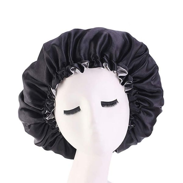 Cospack Satin Sleep Cap - Extra Large Double Layer Reversible Adjustable Satin Sleep Cap for Sleeping Hair - Black+Silver