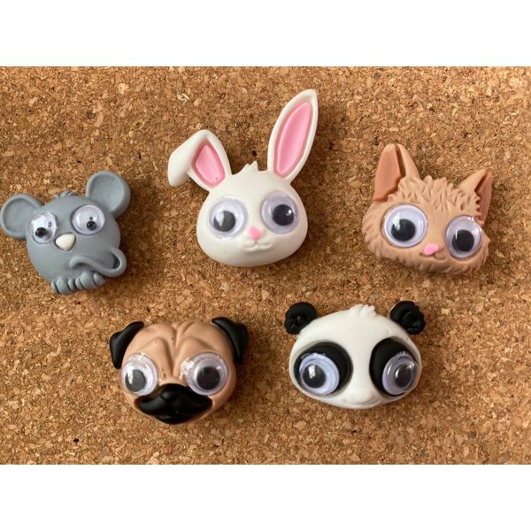 5 GOOGLEY-EYED PETS bulletin board pushpins, thumbtacks, or magnets