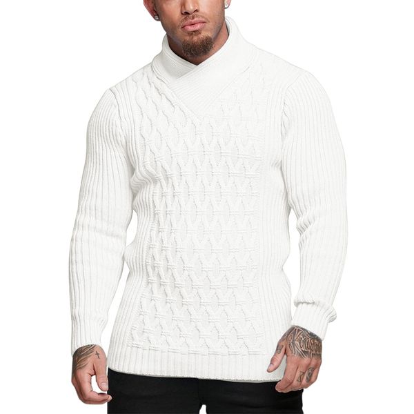 COOFANDY Men's Winter Diamond Cable Knitted Sweater Stylish Pullover Soft Knit Sweaters (White XL)