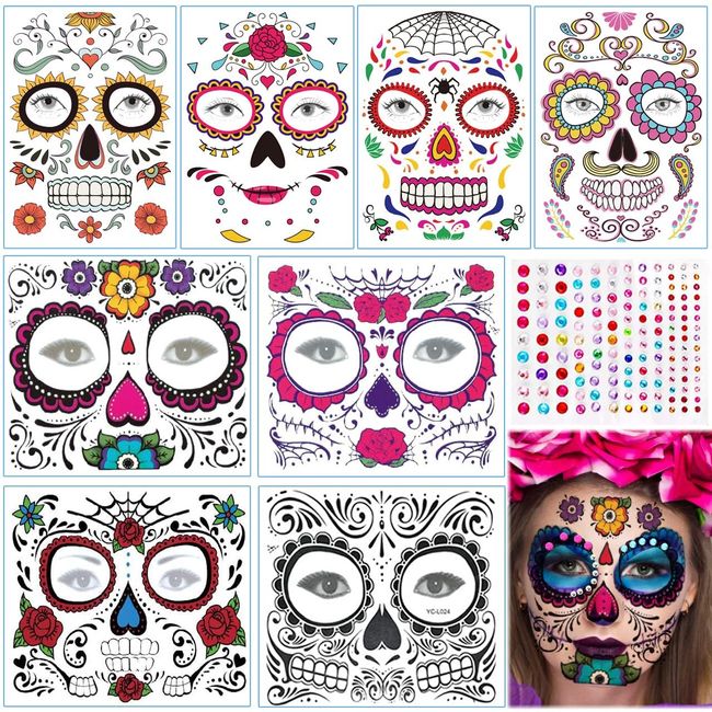 Temporäre Gesichtstätowierung, 8 Kits Tattoos Sugar Skull Sticker Tag der Toten Make-up, Gesicht Tattoo Rose Design, mit 1 Stk Strass Aufkleber, für Halloween, Maskerade und Partys